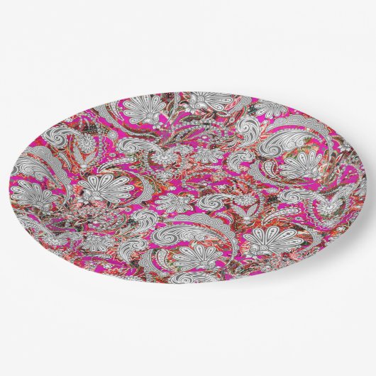 かわいい白いピンクのペイズリー ペーパープレート (アングル)