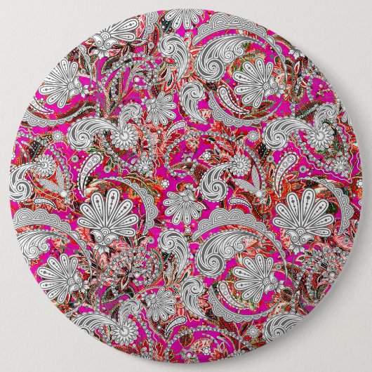 かわいい白いピンクのペイズリー 缶バッジ (正面)