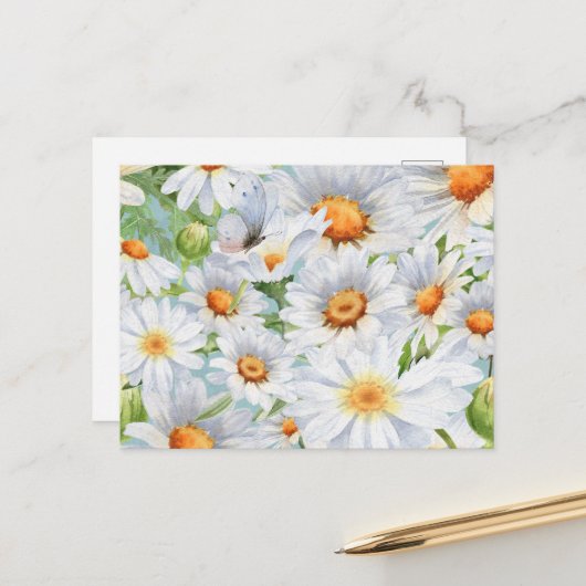 かわいい白いフローラヴィンテージ水彩デイジー ポストカード (正面/裏面インサイチュ)