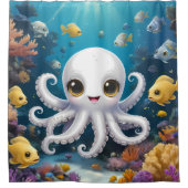 かわいい白いベビータコを海のバスルームの下 シャワーカーテン (正面)