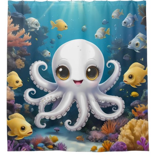 かわいい白いベビータコを海のバスルームの下 シャワーカーテン (正面)