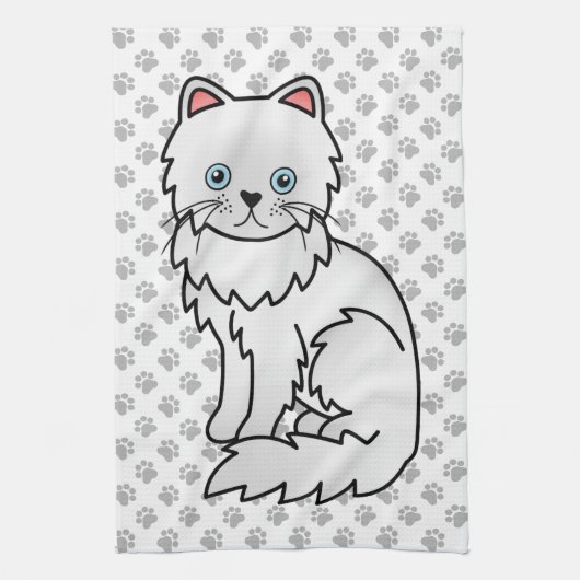 かわいい白いペルシャ風のキャラクター猫イラスト キッチンタオル (縦)