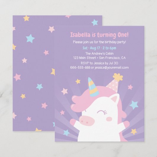かわいい白いユニコーンと星の女の子の誕生日パーティー 招待状 (正面/裏面)