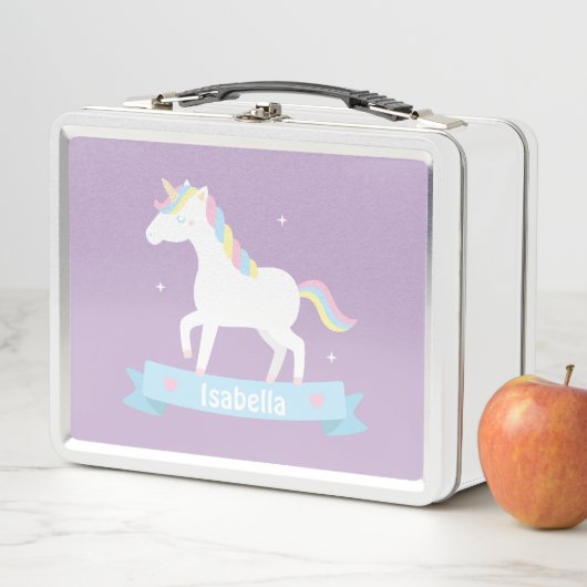 かわいい白いユニコーンパーソナライズされた女の子 メタルランチボックス (インサイチュ)