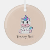 かわいい白いユニコーンピンク ガラスオーナメント (正面)