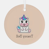 かわいい白いユニコーンピンク ガラスオーナメント (裏面)