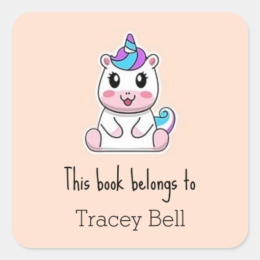 かわいい白いユニコーンピンク スクエアシール (正面)