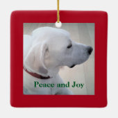 かわいい白いラブラドールミックス犬プロフィール赤いクリスマス セラミックオーナメント (裏面)