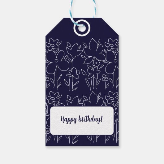 かわいい白いワイルドフラワーパターンモノグラムの ギフトタグ (正面)