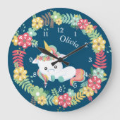 かわいい白い一角獣のフローラパーソナライズされた枠 ラージ壁時計 (正面)