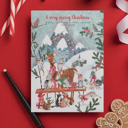 かわいい白い冬の山の森林動物 シーズンカード