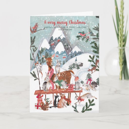 かわいい白い冬の山の森林動物 シーズンカード (正面)