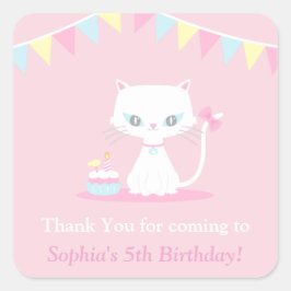 かわいい白い子ネコありがとうパーティー スクエアシール