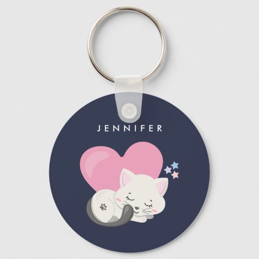 かわいい白い子ネコが寝る キーホルダー (正面)