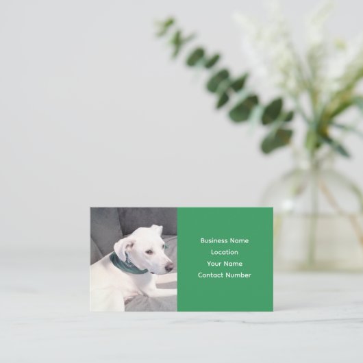 かわいい白い子犬が緑のスカーフを巻く 名刺 (スタンド正面)