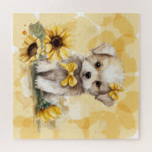かわいい白い子犬と黄色いひまわりの水彩画 ジグソーパズル (横)