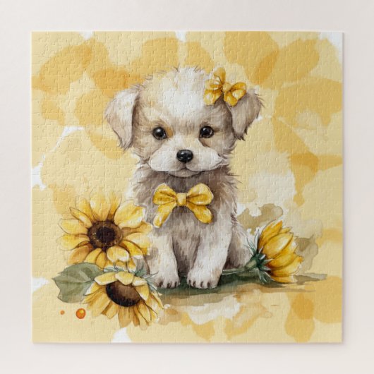 かわいい白い子犬と黄色いひまわりの水彩画 ジグソーパズル (縦)