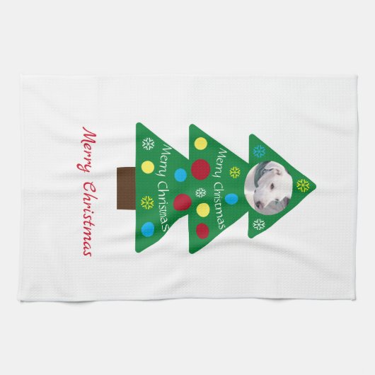 かわいい白い子犬のカラフルクリスマスツリークリスマス キッチンタオル (横)