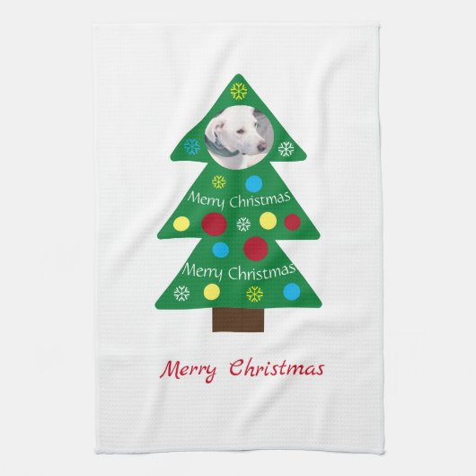 かわいい白い子犬のカラフルクリスマスツリークリスマス キッチンタオル (縦)