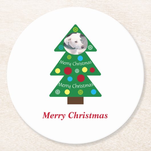 かわいい白い子犬のカラフルクリスマスツリークリスマス ラウンドペーパーコースター (正面)