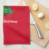 かわいい白い子犬のカラフルクリスマスツリーレッド キッチンタオル (四つ折り)