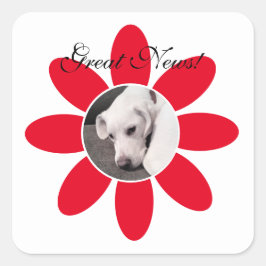 かわいい白い子犬の甘い赤い花枠 スクエアシール