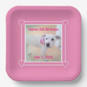 かわいい白い子犬の顔ピンク ペーパープレート (正面)