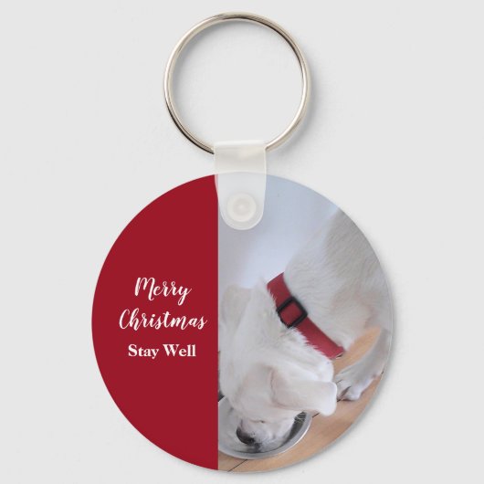かわいい白い子犬の飲み水クリスマスレッド キーホルダー (正面)