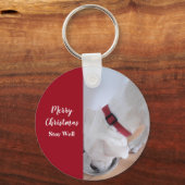 かわいい白い子犬の飲み水クリスマスレッド キーホルダー (正面)