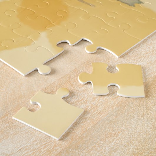 かわいい白い子犬の黄色ひまわり水色 ジグソーパズル (側面)