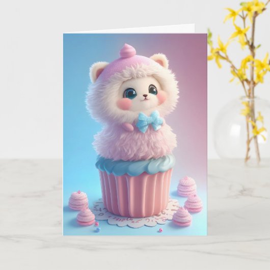 かわいい白い子猫がカップケーキを焼く空白 カード (黄色い花)