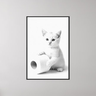 かわいい白い子猫がトイレットペーパーを抱える ミニマル キャンバスプリント