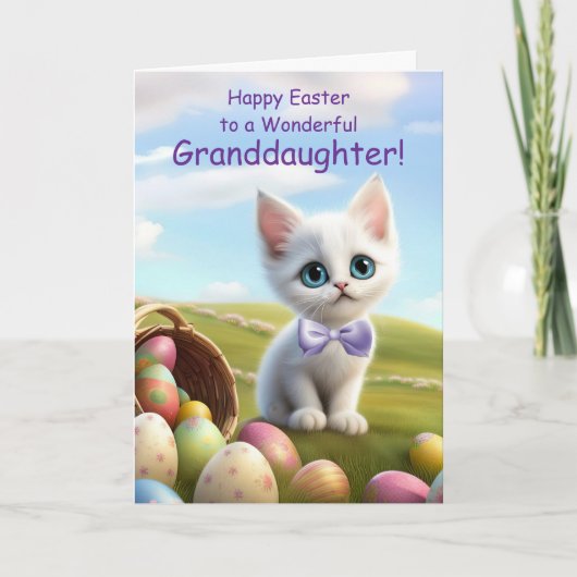 かわいい白い子猫との孫娘ハッピーイースター カード (正面)