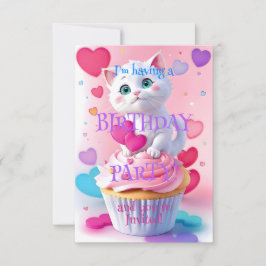 かわいい白い子猫とカップケーキの女の子らしい誕生日パーティー 招待状