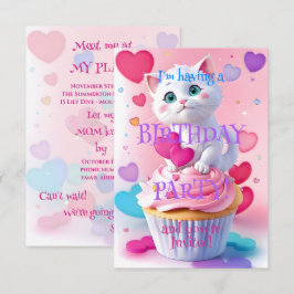 かわいい白い子猫とカップケーキの女の子らしい誕生日パーティー 招待状