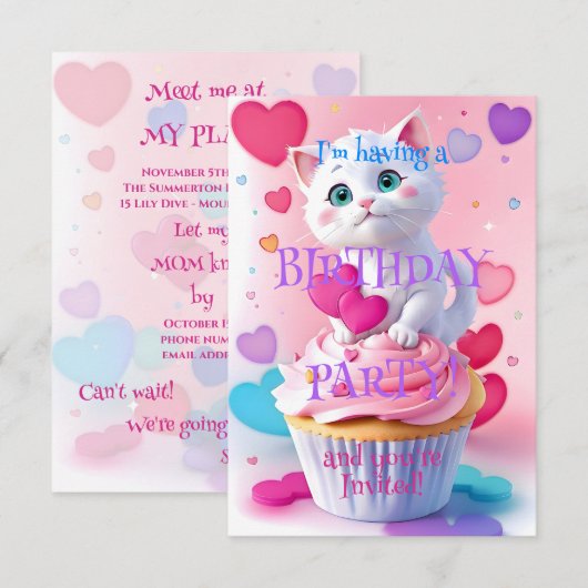 かわいい白い子猫とカップケーキの女の子らしい誕生日パーティー 招待状 (正面/裏面)