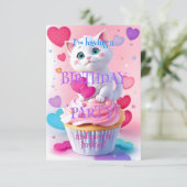 かわいい白い子猫とカップケーキガーリーの誕生日パーティー 招待状 (スタンド正面)
