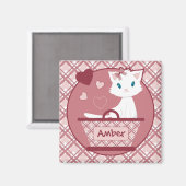 かわいい白い子猫とパステルピンクタータンチェックバスケット マグネット (正面/裏面)