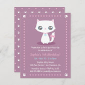 かわいい白い子猫とピンクのリボン 女の子の誕生日 招待状 (正面/裏面)