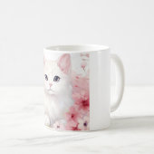 かわいい白い子猫とピンクの花 コーヒーマグカップ (正面右)