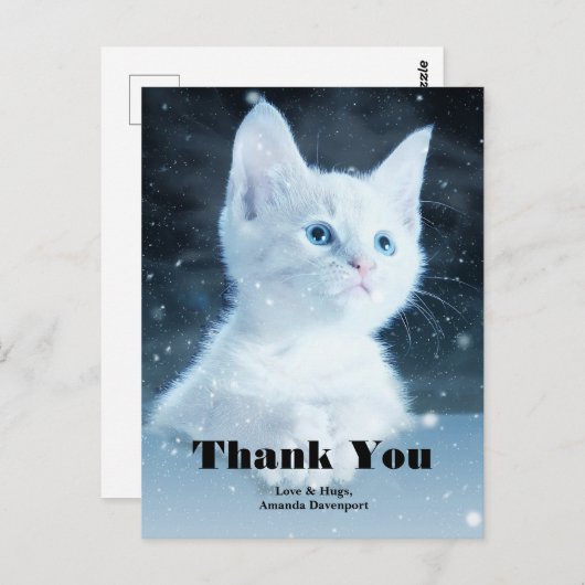かわいい白い子猫と美しい青い目で感謝 ポストカード (正面/裏面)