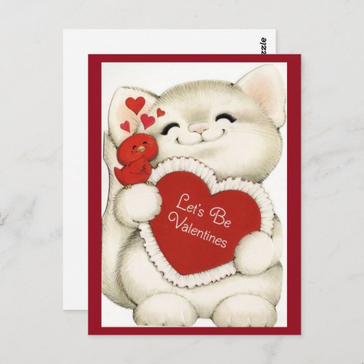 かわいい白い子猫と赤い鳥のヴィンテージ ポストカード (正面/裏面)