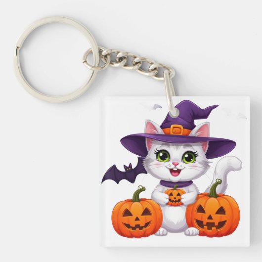 かわいい白い子猫のかぼちゃハロウィン魔女の帽子 🎃 キーホルダー (正面)