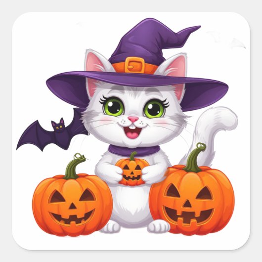 かわいい白い子猫のかぼちゃハロウィン魔女の帽子 🎃 スクエアシール (正面)