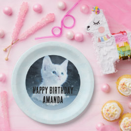 かわいい白い子猫の写真オン誕生日 ペーパープレート