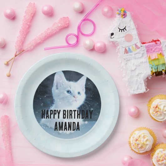 かわいい白い子猫の写真オン誕生日 ペーパープレート (パーティー)