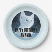 かわいい白い子猫の写真オン誕生日 ペーパープレート (正面)