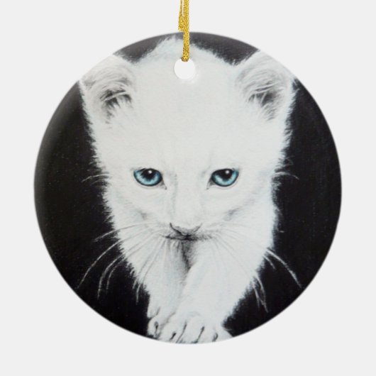 かわいい白い子猫の動物スケッチアート猫好き セラミックオーナメント (裏面)