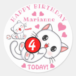 かわいい白い子猫の名前と年齢キッズ誕生日 ラウンドシール
