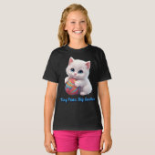 かわいい白い子猫の毛糸のボール 小さな肉球 大きな笑顔 Tシャツ (正面フル)